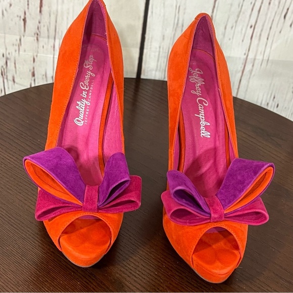JEFFREY CAMPBELL GARRET orange combo Women's Bow Accent peep toe high heels 7.5 - Picture 9 of 16